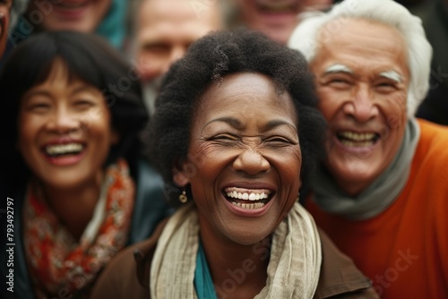 Group of diverse senior friends laughing and having fun together in the street