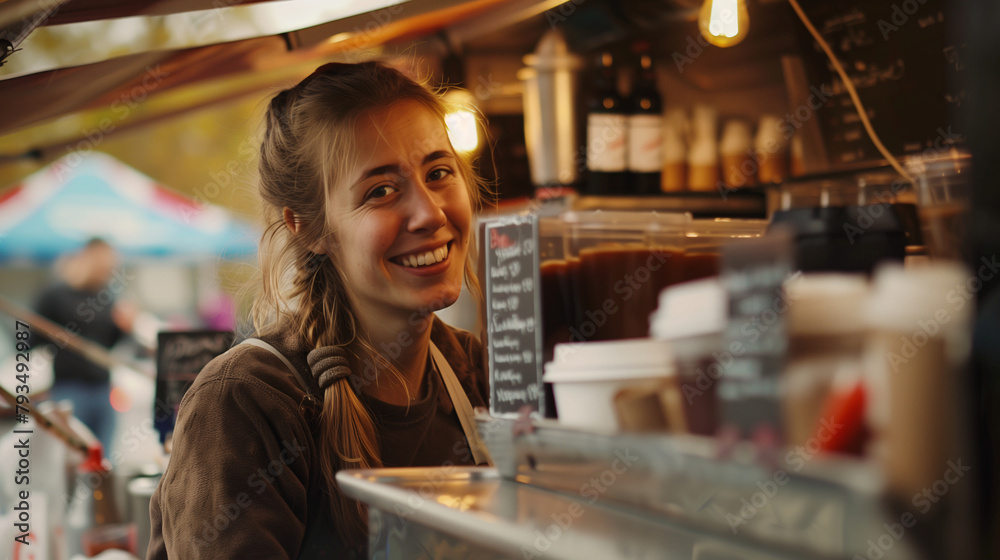 Close-up of a happy and smiling coffee shop owner standing inside a food truck. Close-up of a happy and smiling coffee shop owner standing inside a food truck.