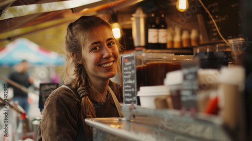 Close-up of a happy and smiling coffee shop owner standing inside a food truck.