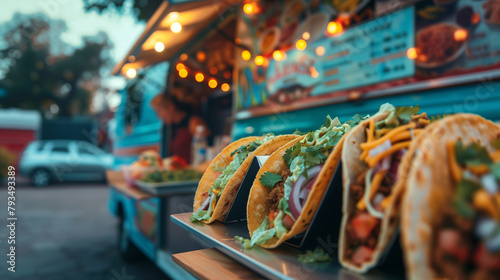 A lot of tacos are placed on a tray in front of a food truck.