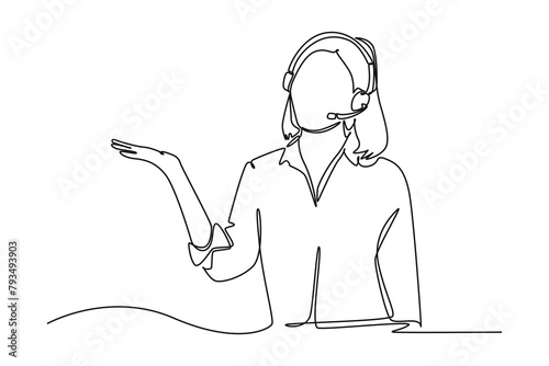 Continuous one line drawing female female customer service friendly serving clients. Marketing Concept. Single line draw design vector graphic illustration.