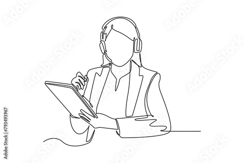 Continuous one line drawing female customer service holding clipboards. Marketing Concept. Single line draw design vector graphic illustration.