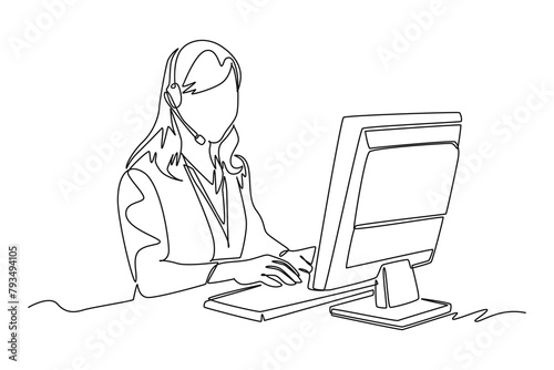 Continuous one line drawing female customer service wearing headphones is working with a computer. Marketing Concept. Single line draw design vector graphic illustration.