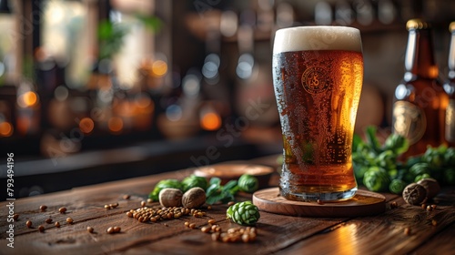 Chilled Craft Beer with Hops and Barley. Refreshing pint of craft beer on a wooden table, surrounded by hops and barley, in a cozy bar setting. photo