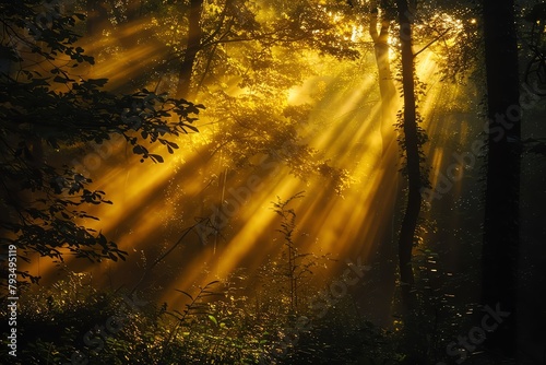 Shafts of golden light stream through the branches  creating a warm and inviting atmosphere in the forest