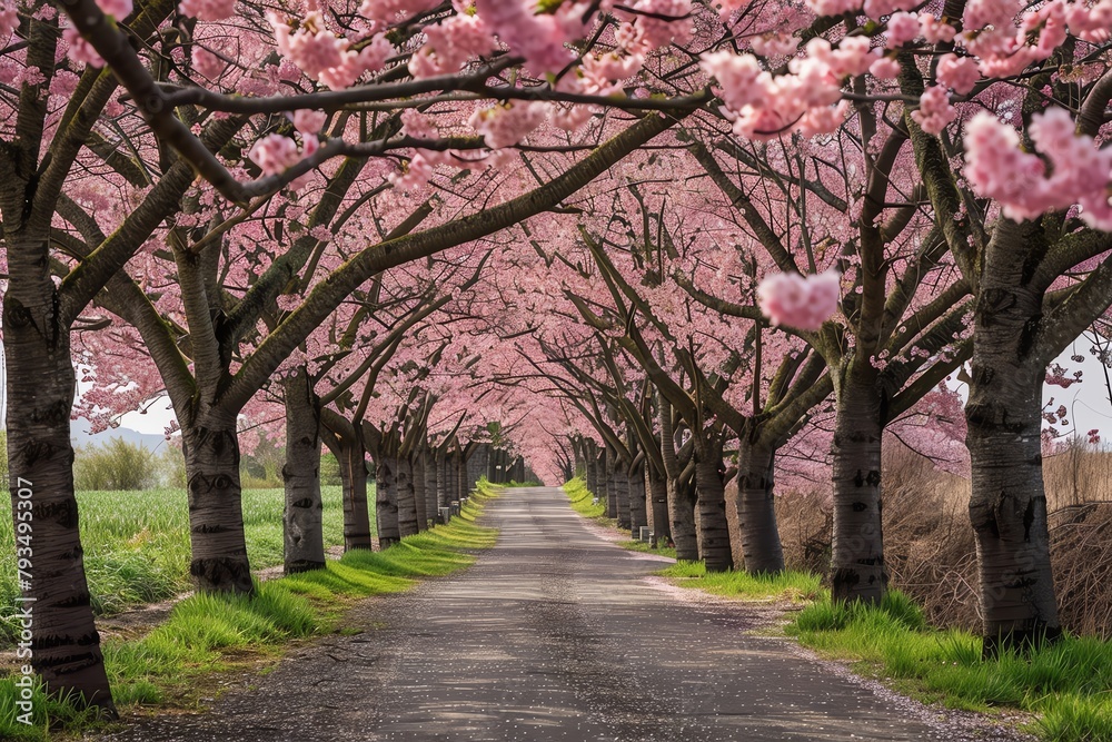 Stunning view of cherry blossoms in full bloom along a peaceful pathway