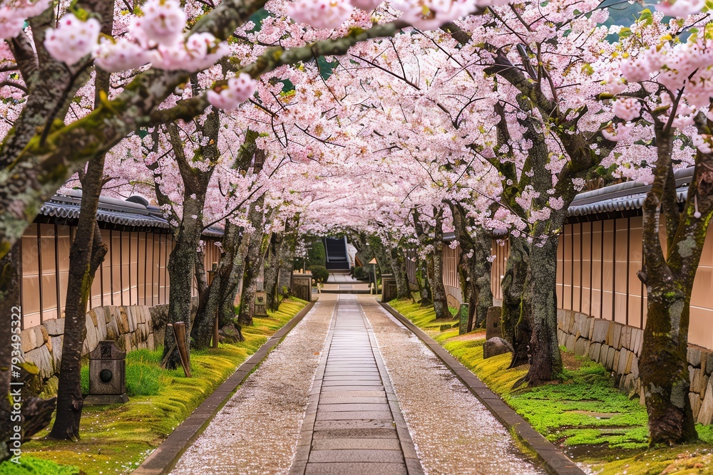 Stunning view of cherry blossoms in full bloom along a peaceful pathway Stunning view of cherry blossoms in full bloom along a peaceful pathway