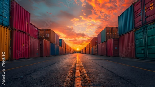 At sunset, colorful shipping containers, with a cargo container ship and cargo plane being loaded and unloaded by a crane bridge in the busy shipyard, highlight logistics and transportation operations