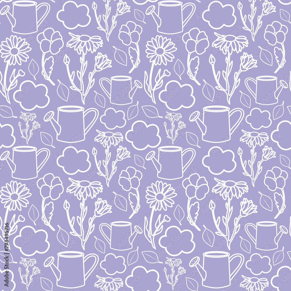 Seamless pattern with white vector watering pots, flowers and clouds