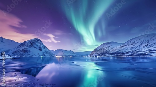 The serene beauty of the Norwegian landscape, illuminated by the vibrant colors of the aurora borealis