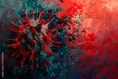 Use a combination of colors and textures to showcase the Corona Virus as a prominent figure in a stylized representation of a red artery, capturing the essence of its biological origins and implicatio