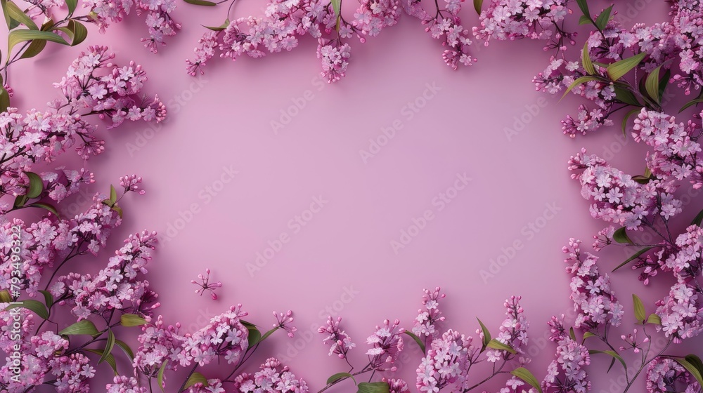 A pink backdrop showcasing vibrant lilac branches and flowers perfect for creating cards for spring Easter Mother s Day Women s Day or Valentine s Day The top view offers ample space for cu