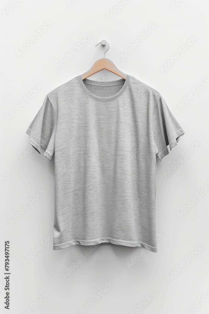 Minimalist Gray T-Shirt on White Hanger Against Neutral Background