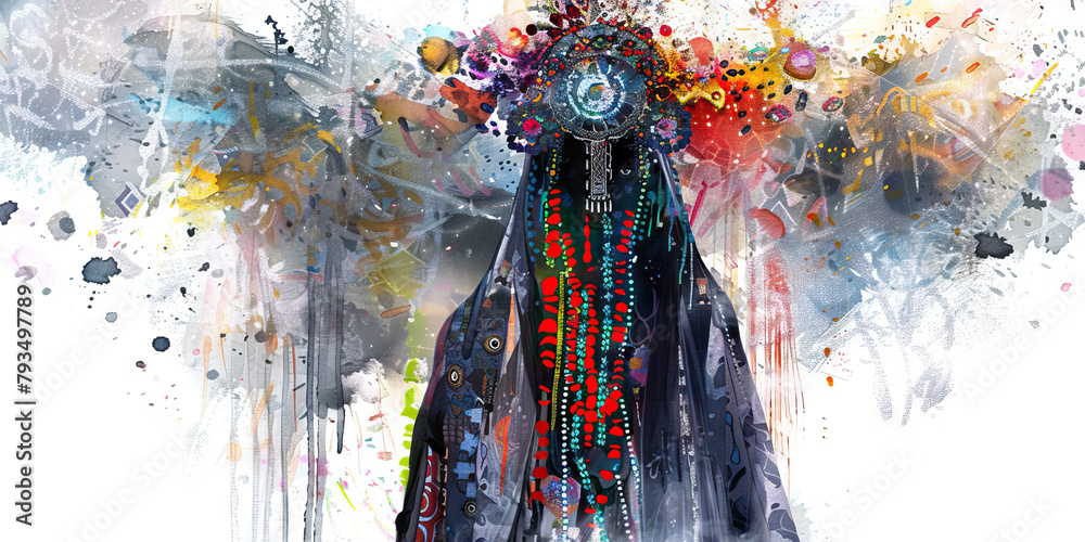 Mourning Garb and Sacred Symbols - Imagine someone dressed in mourning garb adorned with sacred symbols, illustrating the blending of cultural practices and religious beliefs - obrazy, fototapety, plakaty 