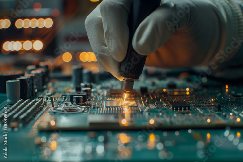 hand with sanitary gloves soldering  electronic board in production line