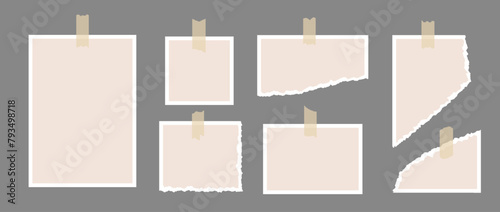 Set of image frames and torn paper glued on adhesive tape. Mood board template for mockup, poster design, banner, flyer, brochure. Empty jagged edge paper pieces collection. Vector blank memo pack