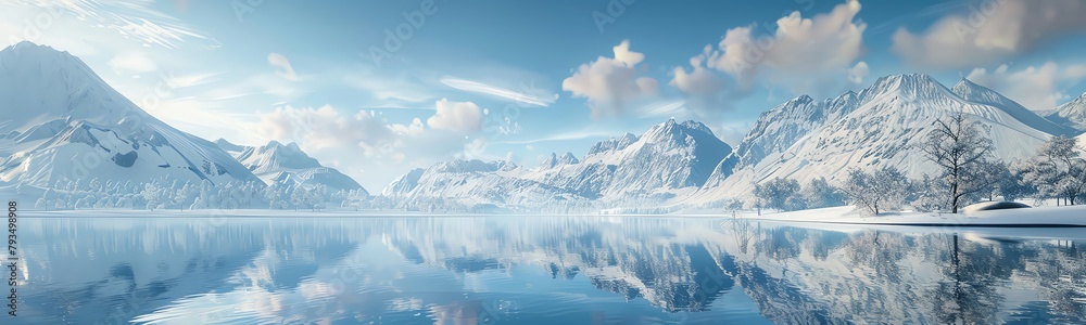 A peaceful winter scene with snowcovered mountains and a breathtaking reflection in the water