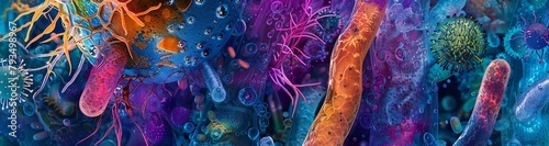 Create a vibrant and colorful backdrop for microscopic microlife within a microbiological setting photo