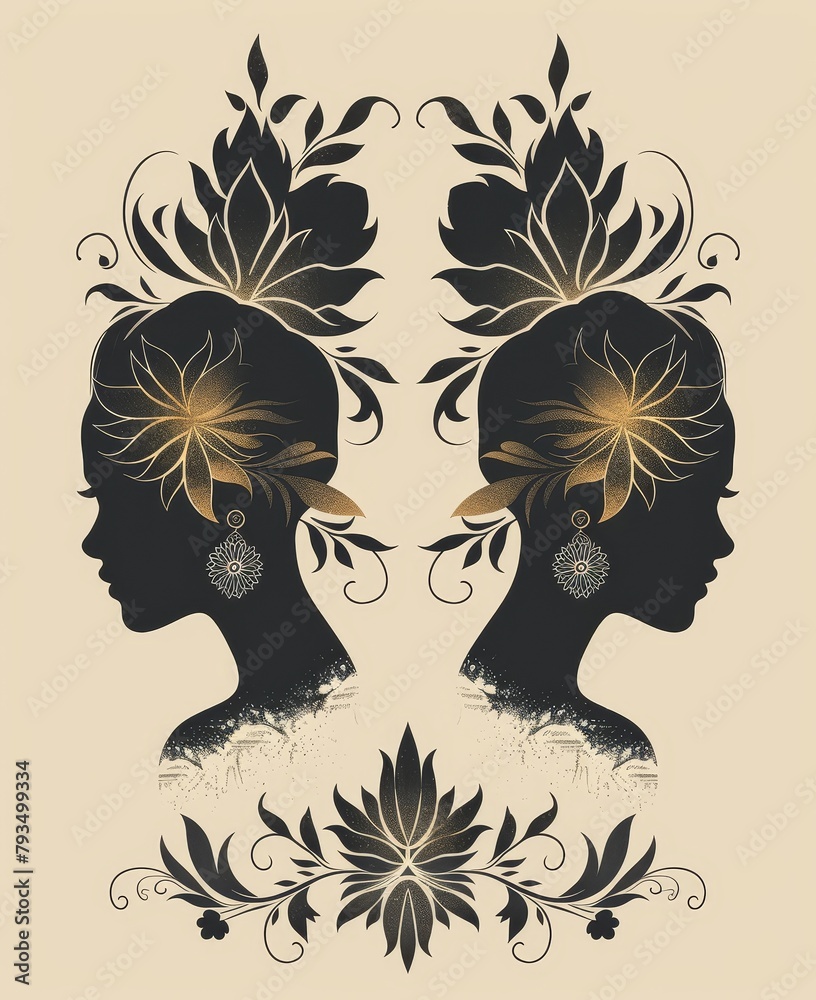 Two black female head silhouettes facing each other with gold floral ...