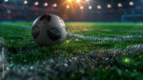 Soccer scene close-up, player's cleat over the ball at penalty spot, ultra detailed grass and line markings, evening stadium light photo
