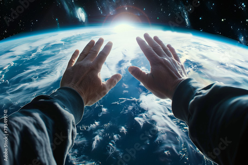 Two hands reaching towards the earth from space