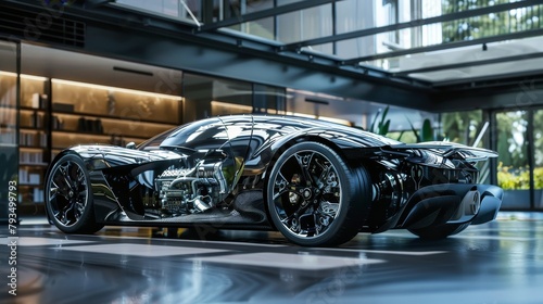 Ultra-realistic concept car with see-through design, engine highlighted by high contrast, parked in an uncluttered, modern garage