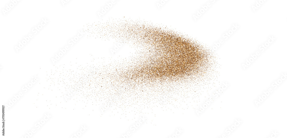 Sand powder splash. Flowing dust speckles and particles wave texture. Ground grain scatter element. Gritty explosion wind shape for overlay, poster, banner, brochure, leaflet. Vector sandy background