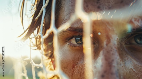 Close-up on a soccer player's eyes filled with determination, shot from behind during a penalty kick, the goal and goalie blurred in the background, sunlight filtering through photo