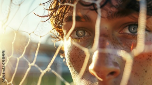 Close-up on a soccer player's eyes filled with determination, shot from behind during a penalty kick, the goal and goalie blurred in the background, sunlight filtering through