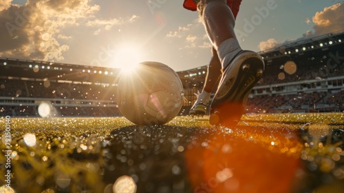 Dramatic penalty kick scene with a focus on the player's expression of focus, shot from behind, vibrant stadium atmosphere, high contrast, late afternoon sun photo