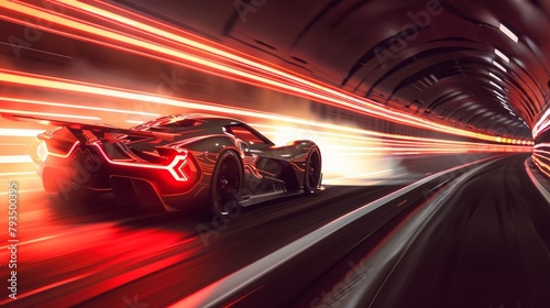 Hypercar speeding through a tunnel of light on a virtual track, high contrast lighting emphasizes futuristic aerodynamics