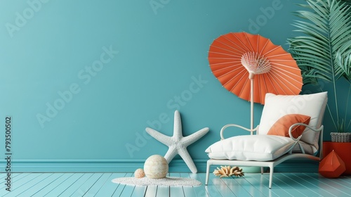 A white chaise longue and a red umbrella on a blue background. photo