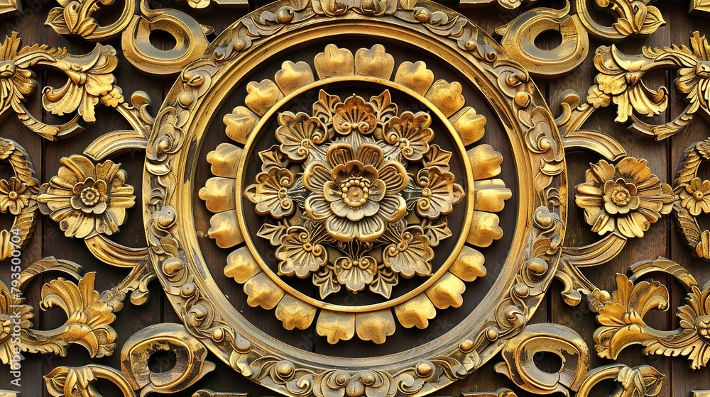 There is an image of a 3D gold-colored metal flower with intricate details mounted on a dark wood background.