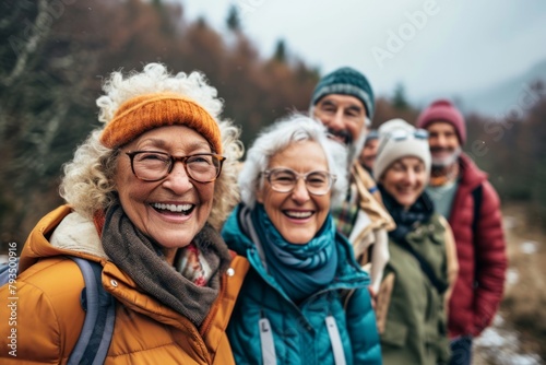 Group of senior friends hiking in the mountains. They are wearing warm clothes and smiling.