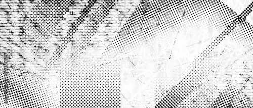 Halftone grunge punk texture. Distorted rough dirty scratch and splash background. Dotted glitch wallpaper for banner, poster, flyer, print, overlay. Distress scuffed vector textured backdrop