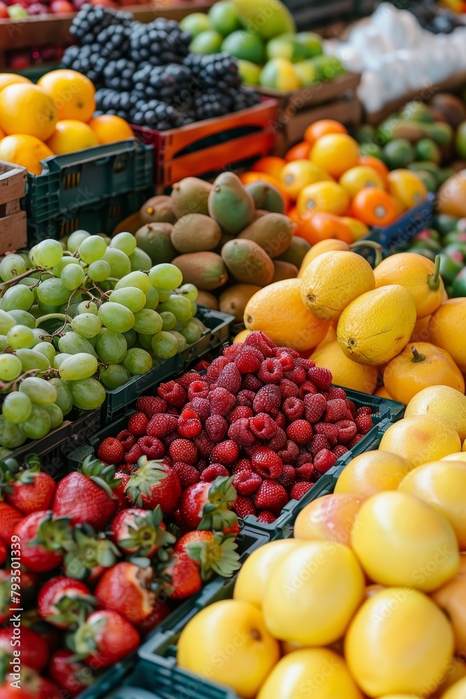 Display of diverse fruits, focusing on texture, colors, and ripeness, featuring fresh tropical and seasonal produce in natural light