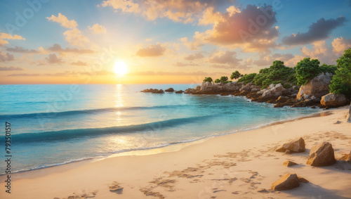  a beach with light tan sand and blue water. There are some rock formations on the beach and in the water on the left side of the photo. The sun is setting on the right side of the photo and there are
