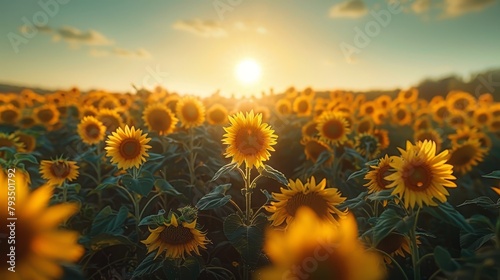 Vibrant sunflowers under a clear summer sky, turning towards the sun, create a picturesque scene with a wide angle view