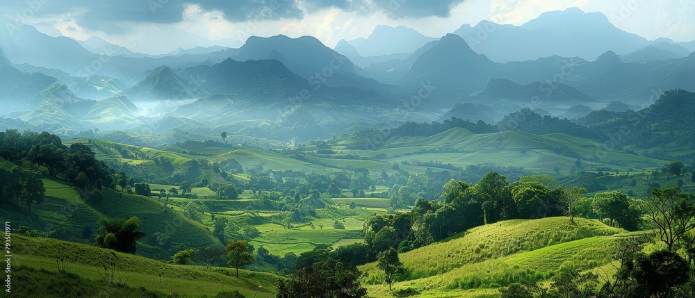 An expansive valley view with lush green hills, morning mist, distant mountains, serene picturesque natural setting