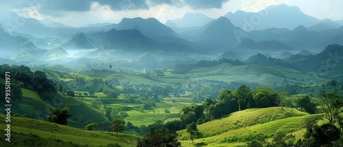 An expansive valley view with lush green hills, morning mist, distant mountains, serene picturesque natural setting