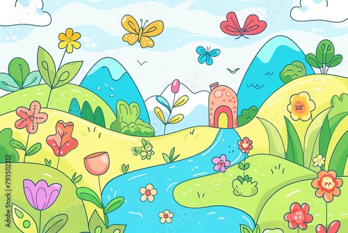 Cartoon cute doodles of a watercolor workshop with blooming flowers, fluttering butterflies, and flowing rivers, Generative AI © Starlight