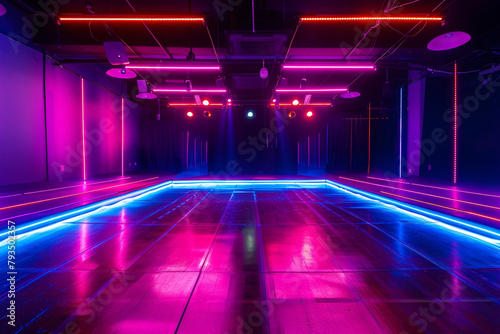 An empty dance floor with glowing neon stripes running along the edges. © Sajida