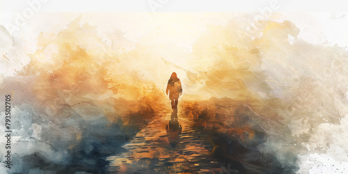 The Pilgrim's Path and Journey of Faith - Visualize a pilgrim walking a path of faith, illustrating the journey of faith that can provide solace and direction during times of sadness.