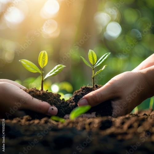 Hands Planting Seedlings in Soil with Sun Flare