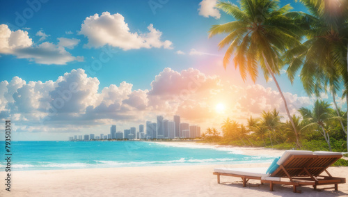  a beach scene. There is a palm tree, two lounge chairs, and the ocean in the background. The sky is blue and there are white clouds. There is a building in the distance. © Muzamil
