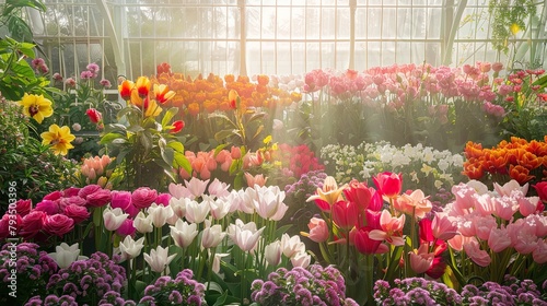 This is the interior of a greenhouse. There are many flowers of different colors, mostly orchids, arranged in pots on shelves