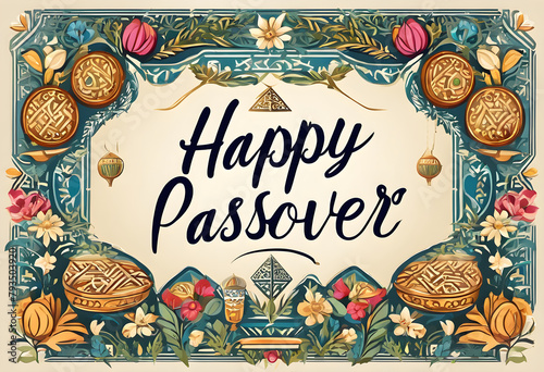 Passover Greeting Card with Wine Glasses, Matza & Flowers