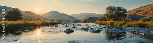 Tranquil riverscape, rolling hills, lush greenery, clear river, panoramic vista, morning light, peaceful environment photo