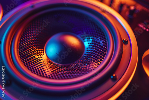 A close-up of a neon-lit speaker thumping to the beat. photo