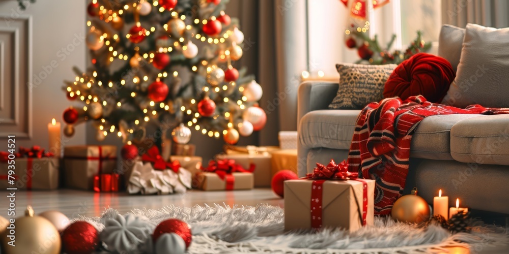 A modern living room warmly decorated with a Christmas tree, gifts, and glowing lights, inviting celebration and togetherness.